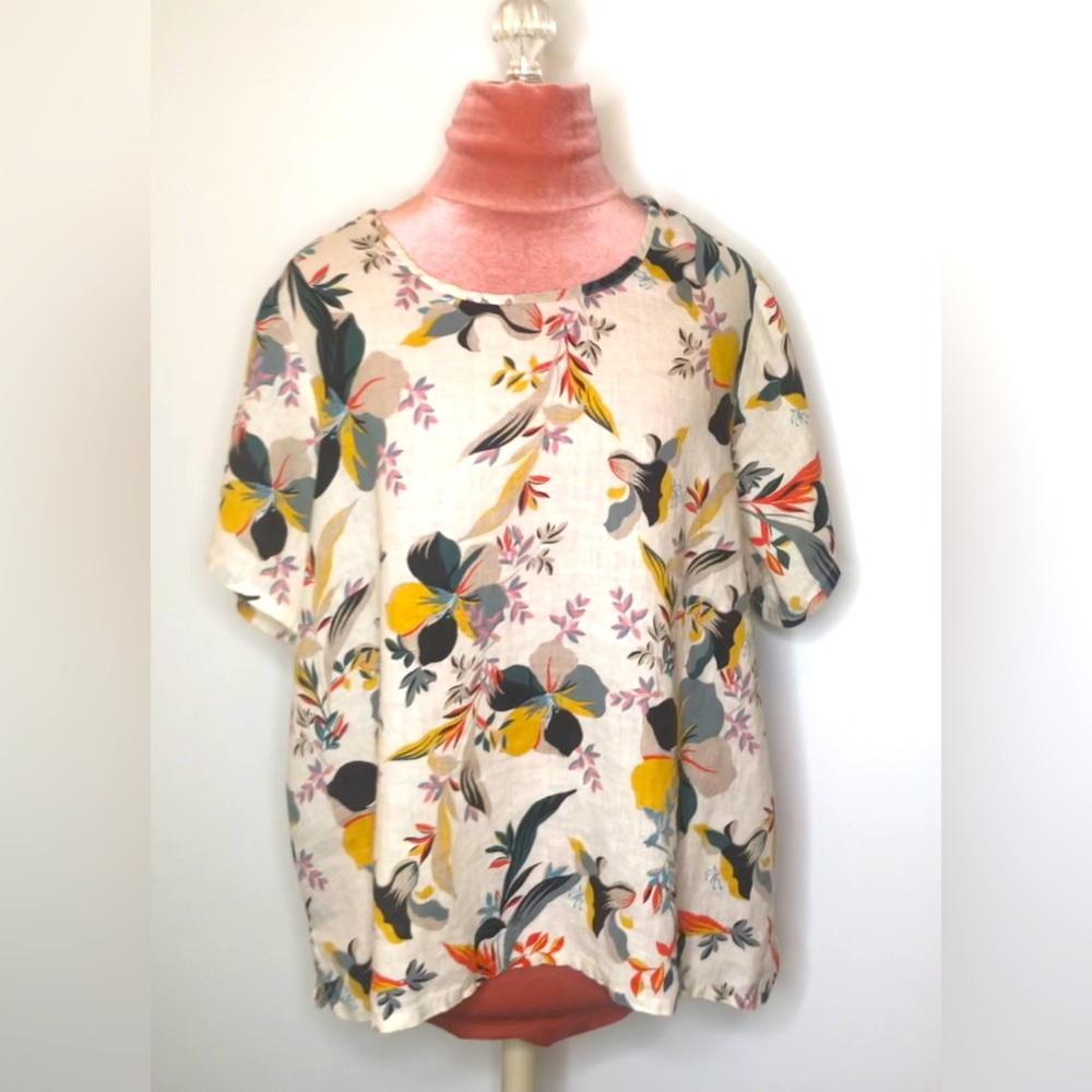 Cynthia Rowley 100% Linen Floral Top Cream Multicolored Women's Plus Size 1X